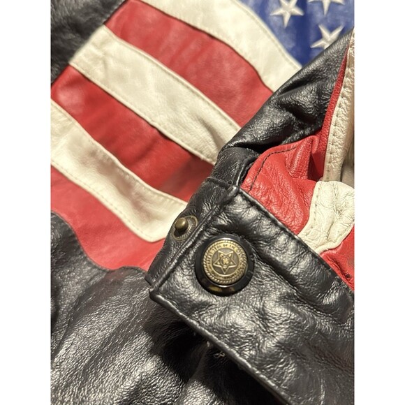 USA Flag Leather Bomber Jacket Men’s Medium USA Down The Sleeves Vintage Biker - Picture 6 of 16